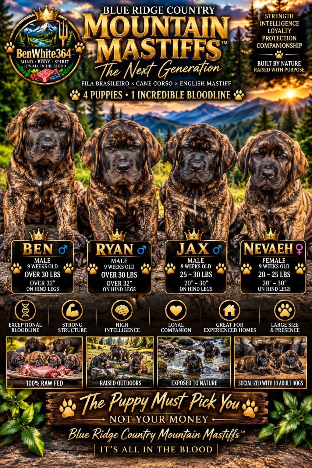 Blue Ridge Country Mountain Mastiffs — Ben, Ryan, Jax, and Nevaeh at 9 weeks old